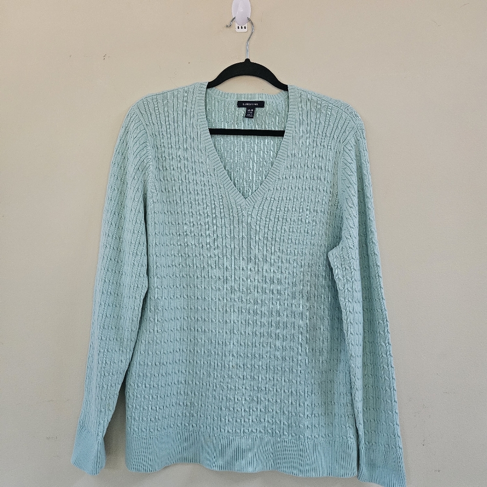 Lands End Women Sz XL/P Aqua/Teal Green V-Neck Cable Knit Sweater Tennis Preppy